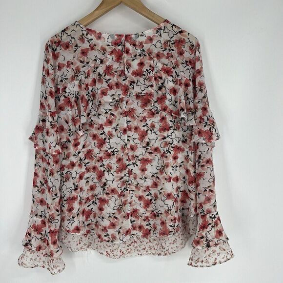 WHBM White House Black Market Top Size 8 Pink Flare Sleeve Blouse Floral Ruffle - Picture 6 of 9